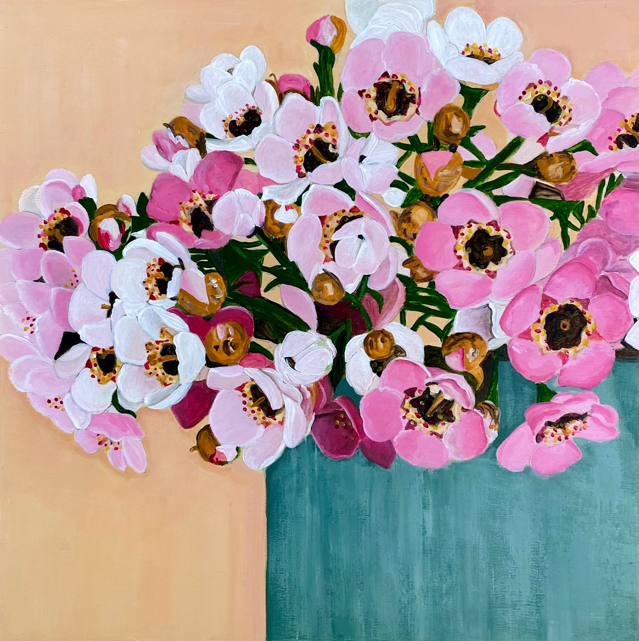 pink geraldton wax flowers in a blue vase against a pinkish gold background Pink_Popcorn_Original Artwork full image