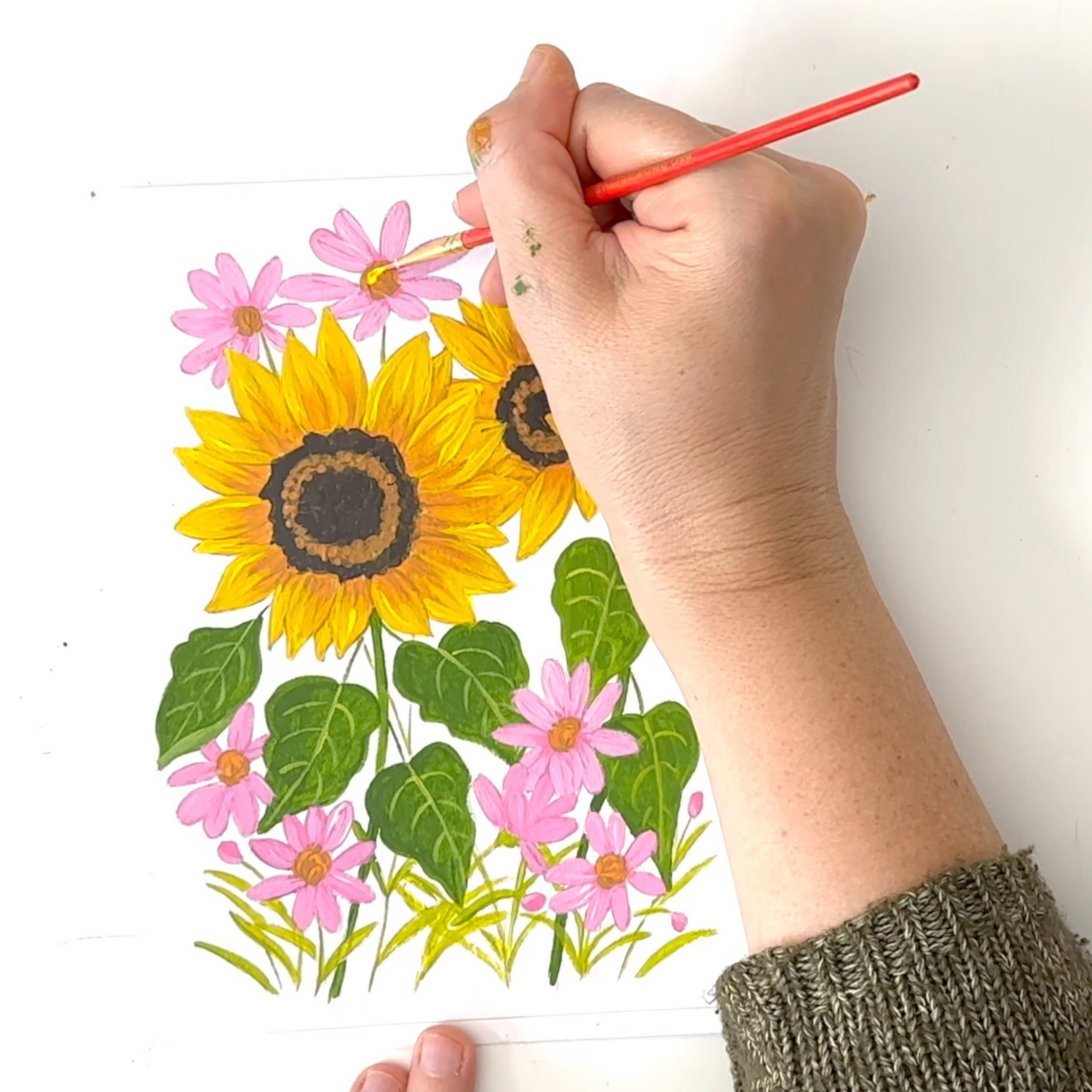 hand painting acrylic sunflowers and pink daisies